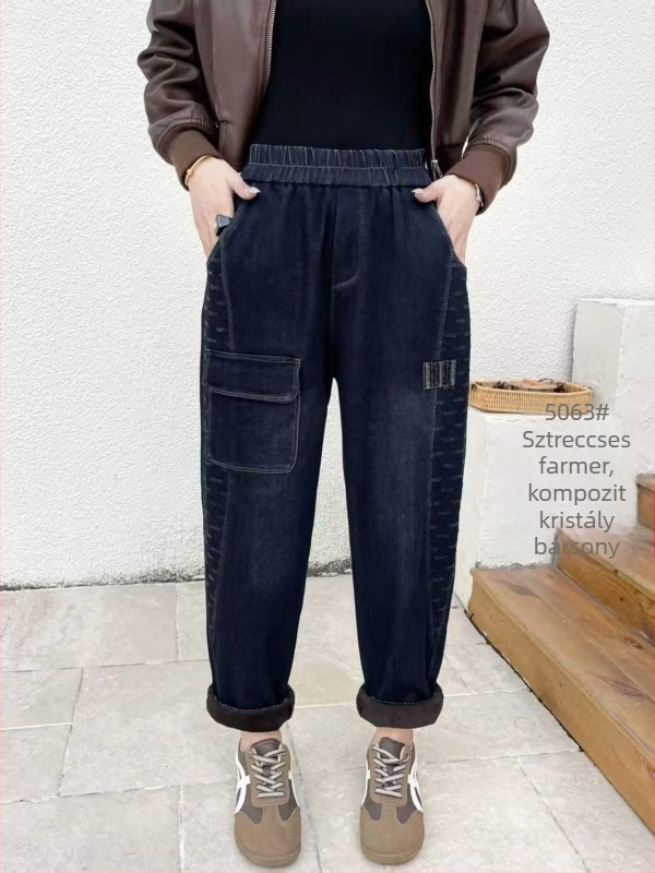 Plusz méret téli farmernadrág, lazán szabott, vastag fleece béléssel, elasztikus derék, harém-stílusú
