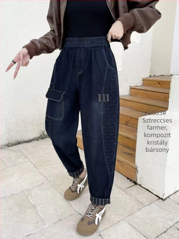 Plusz méret téli farmernadrág, lazán szabott, vastag fleece béléssel, elasztikus derék, harém-stílusú