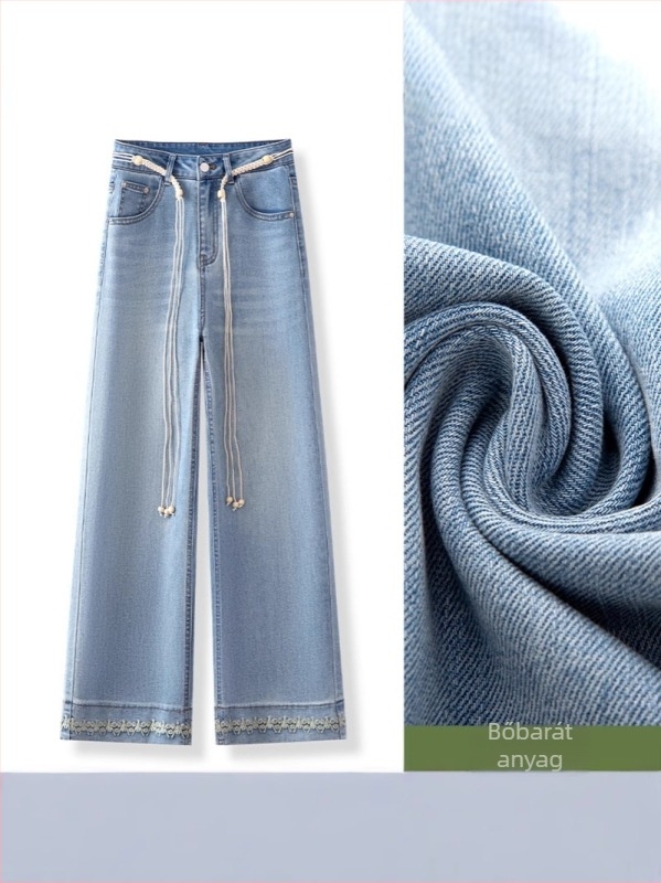 Denim nadrág, magas derék, crop szabású széles lábú, mikro elasztikus, pamut-poliészter keverék, nyár 2025