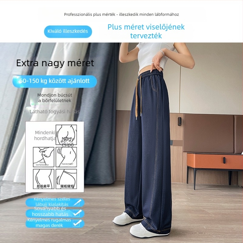 Farmernadrág, széles szárú, magas derék, vékony anyag, 50–70% poliészter és spandex
