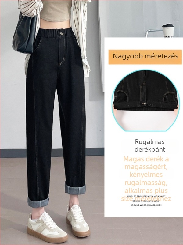 Női plusz méretű farmernadrág, magas derék, karcsúsító hatás, elasztikus derék, egyenes szár, tavasz–ősz, méretek L–XXXL