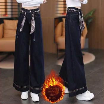 Női denim farmer téli fleece béléssel, sötétkék, széles lábszárú, enyhén bővülő fazon, magas derék, plusz méret, mindennapi viselet