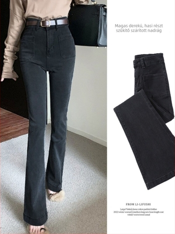 Magas derekú denim farmernadrág bootcut/ferde sziluettel, hosszú, vastag anyag, őszi 2024 kiadás