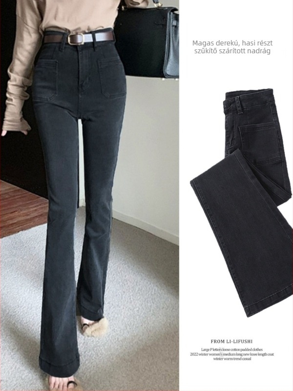 Magas derekú denim farmernadrág bootcut/ferde sziluettel, hosszú, vastag anyag, őszi 2024 kiadás