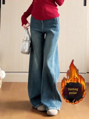 Női vintage kék széles szárú farmer téli fleece-béléssel, plusz méret, körte alkat számára, takarja a csípőt és karcsúsítja a sziluettet.