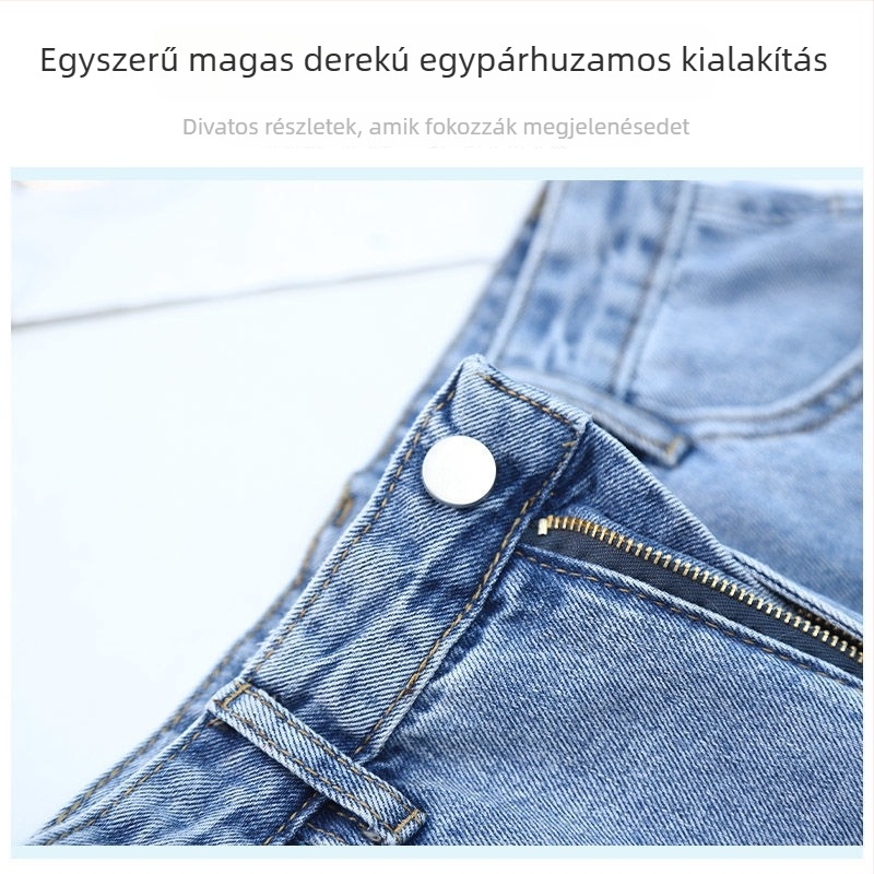 Női farmernadrág denimból, magas derék, egyenes szár, 50–70% pamut, kollázs varrás