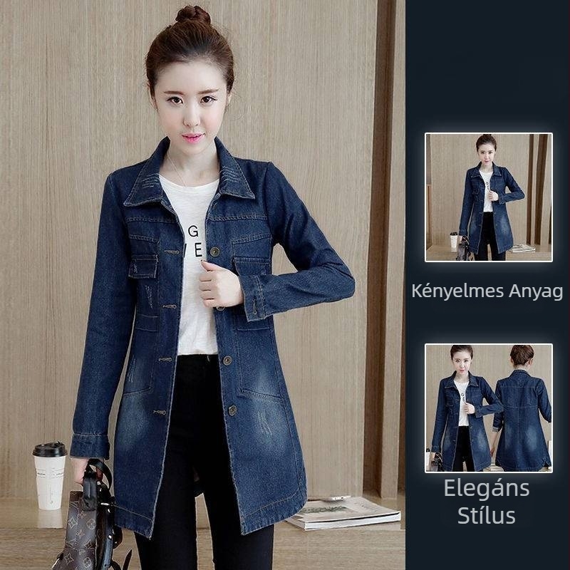 Női denim kabát – magas derekú, karcsúsított szabású, középhosszú, hosszú ujjú, polo gallér