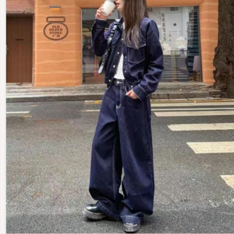 Női rövid denim kabát, laza szabású, hosszú ujjú, gallér, városi stílus, akril anyag