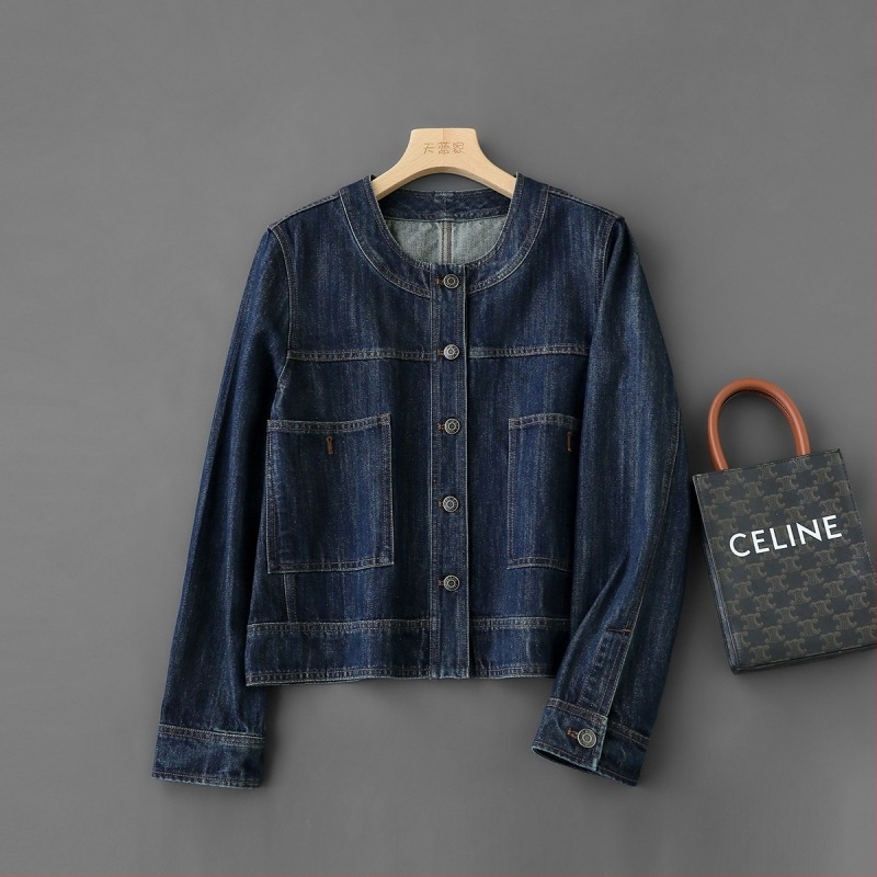 Női pamut-denim kabát, hosszú ujjú, gallér nélkül, egyenes szabás, normál hosszúság, mosott denim