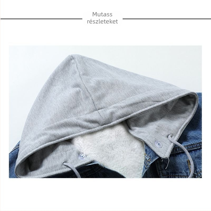 Női denim dzseki, elasztikus anyag, chenille szövet, szabvános szabás, levehető kapucni, tavasz 2025