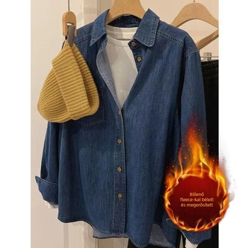 Denim ing, lazán szabott, hosszú ujjú, POLO gallér, tavasz 2023