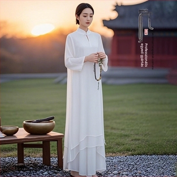 Női Zen ruha kínai stílusú selyem-ramie keverékből, meditációhoz és tánchoz.