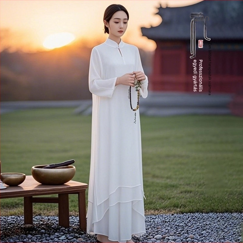 Női Zen ruha kínai stílusú selyem-ramie keverékből, meditációhoz és tánchoz.