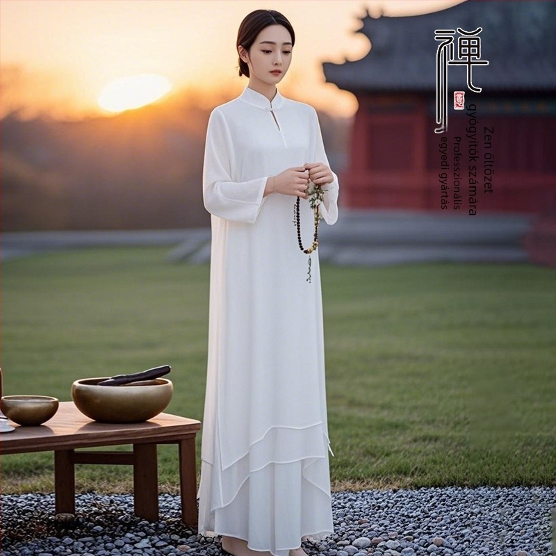 Női Zen ruha kínai stílusú selyem-ramie keverékből, meditációhoz és tánchoz.
