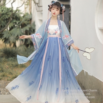 Tang-stílusú Hanfu felső és szoknya készlet, hímzett selyemből, széles ujjak, tavasz-nyár-ősz