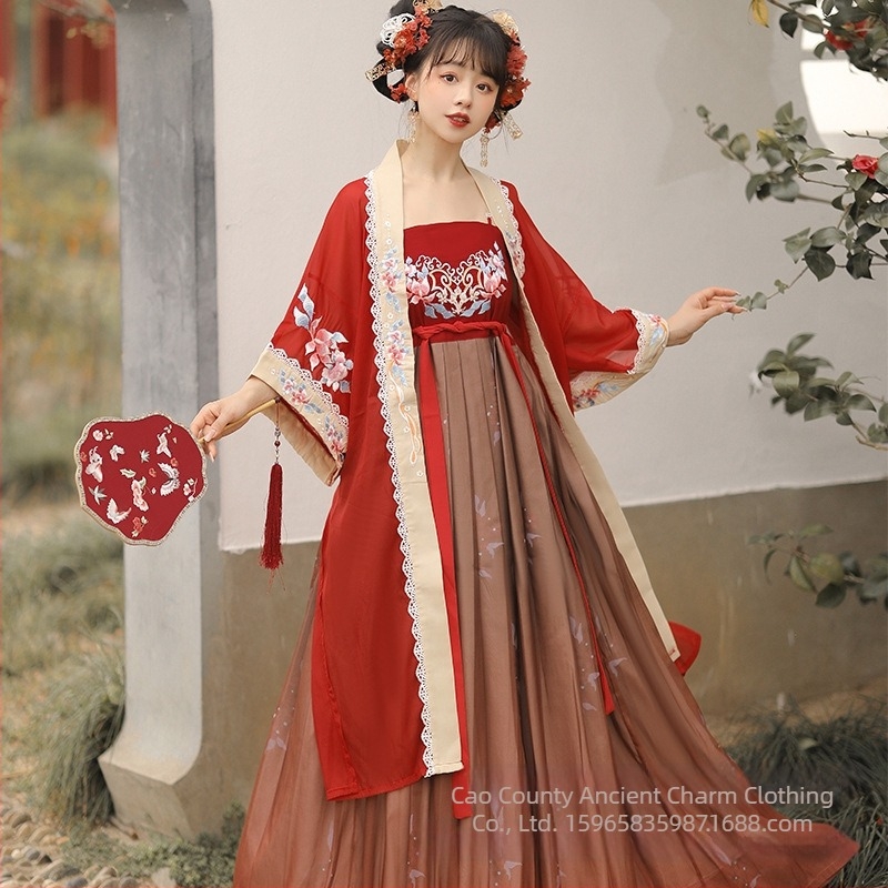 Tang-stílusú Hanfu felső és szoknya készlet, hímzett selyemből, széles ujjak, tavasz-nyár-ősz