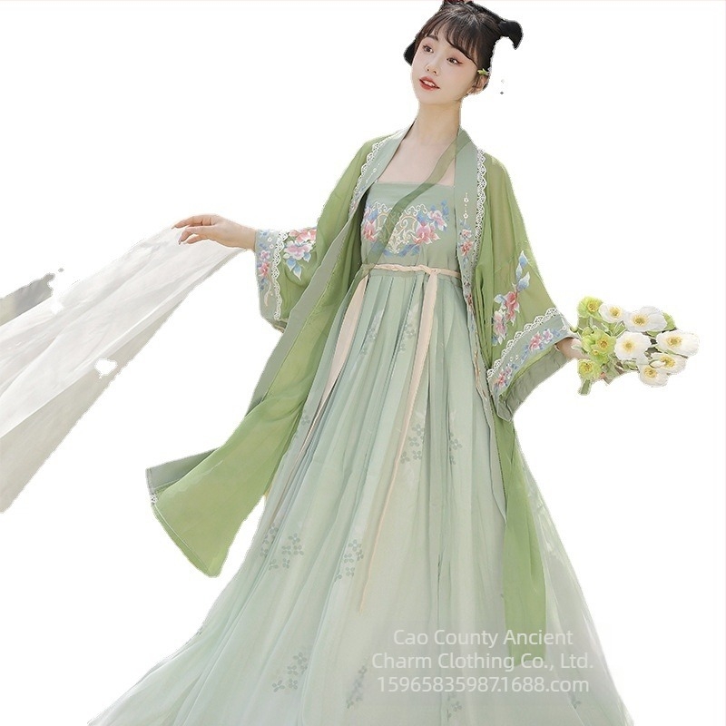 Tang-stílusú Hanfu felső és szoknya készlet, hímzett selyemből, széles ujjak, tavasz-nyár-ősz