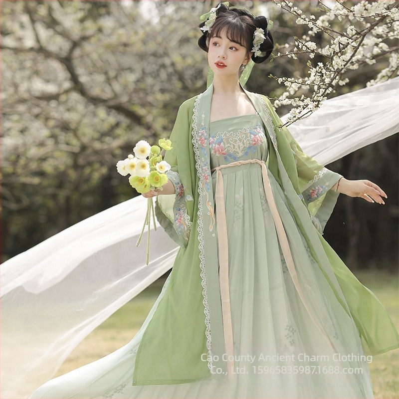 Tang-stílusú Hanfu felső és szoknya készlet, hímzett selyemből, széles ujjak, tavasz-nyár-ősz