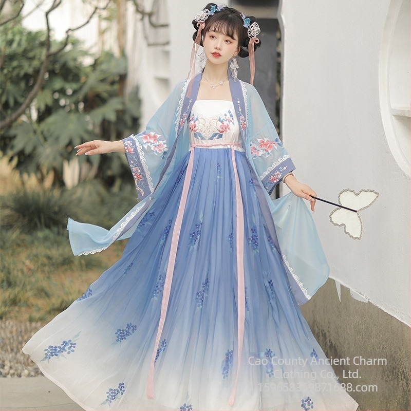 Tang-stílusú Hanfu felső és szoknya készlet, hímzett selyemből, széles ujjak, tavasz-nyár-ősz