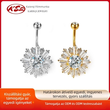 Navel ékszer – 316L rozsdamentes acél, cirkón, napraforgó és hópelyhek mintázat, köldök piercing ékszer, női stílus