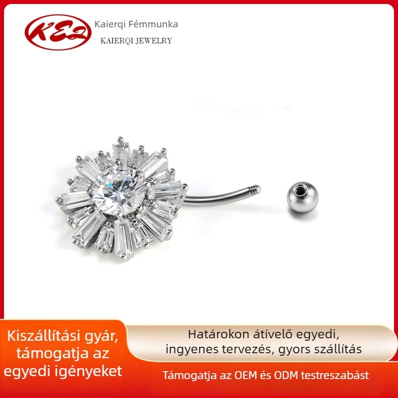 Navel ékszer – 316L rozsdamentes acél, cirkón, napraforgó és hópelyhek mintázat, köldök piercing ékszer, női stílus
