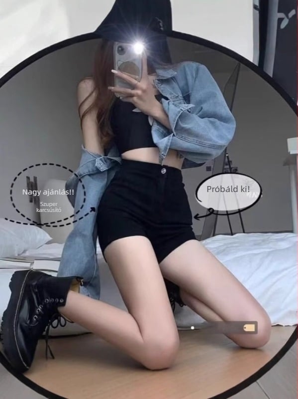 Női denim rövidnadrág, magas derekú, egyenes szabás, 3/4 hossz, utcai divat