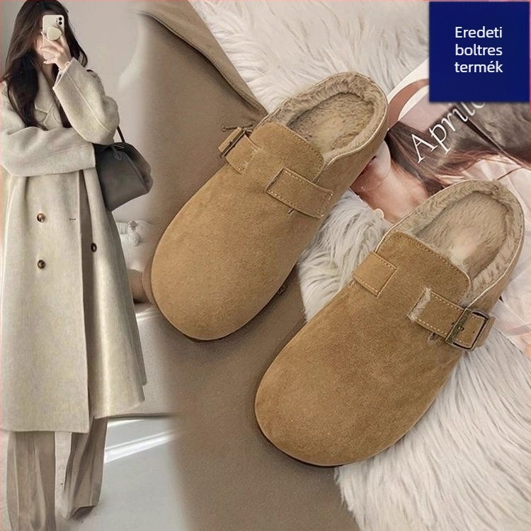 Női pamut papucs csúszásmentes gumi talppal, mű PU felsőrész, meleg plüss belső bélés, közepes magasságú sarok 3–5 cm