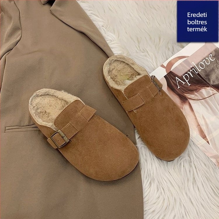 Női pamut papucs csúszásmentes gumi talppal, mű PU felsőrész, meleg plüss belső bélés, közepes magasságú sarok 3–5 cm