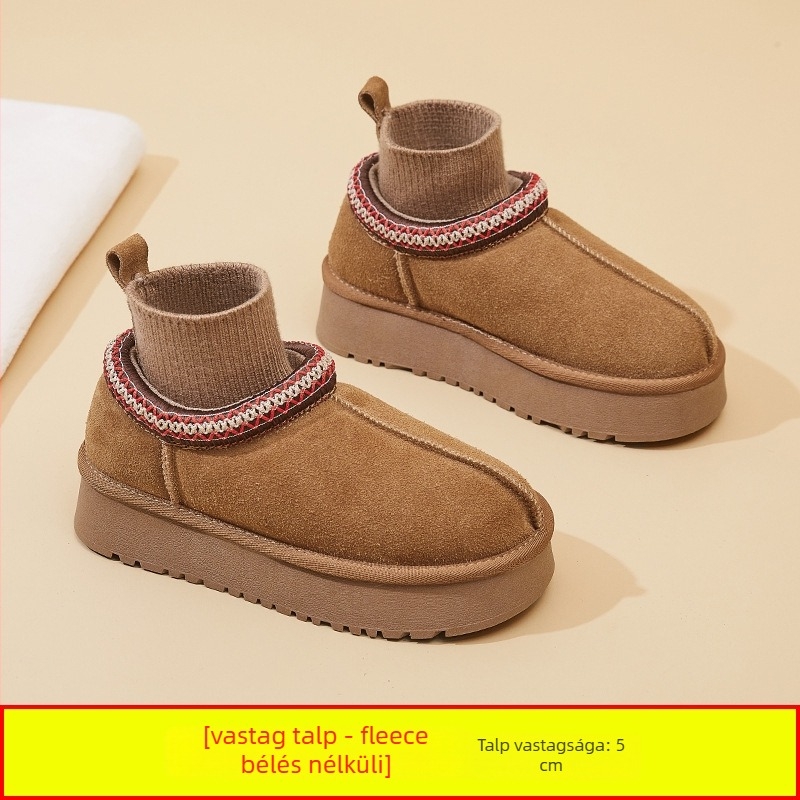 Női téli hócsizma vastag talppal, bolyhos bélés, felsőrész több anyagból, rövid szár, slip-on