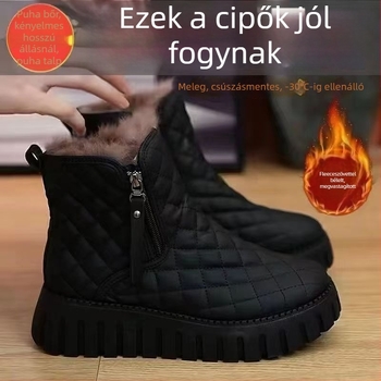 Női hócsizma fleece béléses, 2025-ös téli kiadás, vastag talp, oldalsó cipzár, csúszásmentes gumitalp