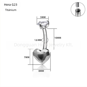 Ombilikus gyűrű, szív alakú dizájn, G23 titánötvözet, aranyozott bevonat, cirkon kristályok, uniszex, elegáns piercing ékszer