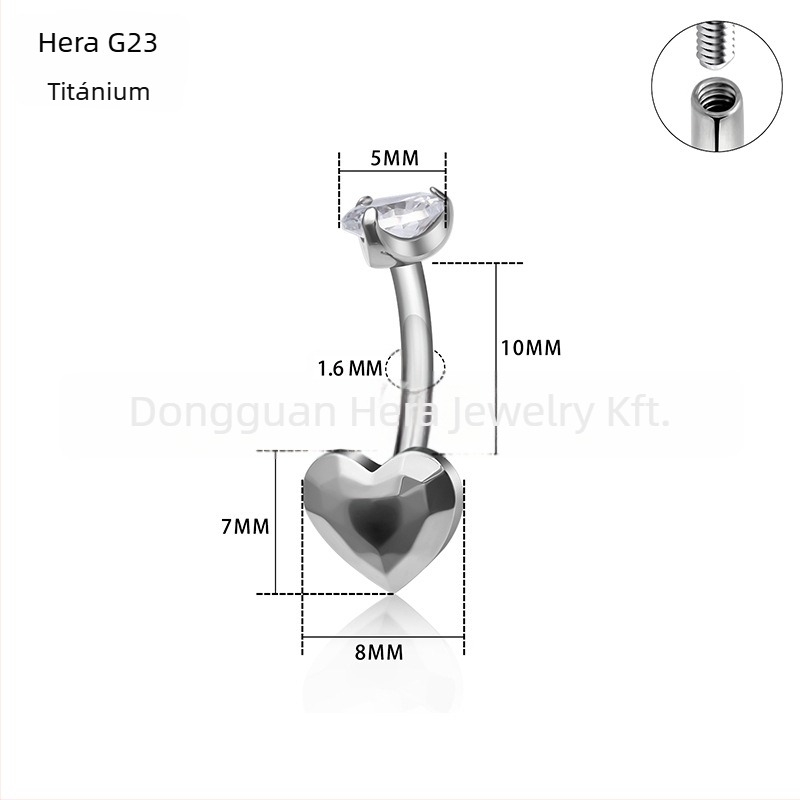 Ombilikus gyűrű, szív alakú dizájn, G23 titánötvözet, aranyozott bevonat, cirkon kristályok, uniszex, elegáns piercing ékszer