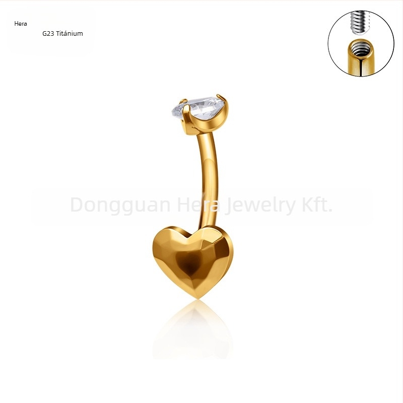 Ombilikus gyűrű, szív alakú dizájn, G23 titánötvözet, aranyozott bevonat, cirkon kristályok, uniszex, elegáns piercing ékszer