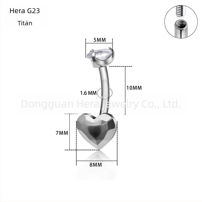 Szív alakú navel piercing titánium ötvözetből, G23 tisztaság, zirkón köves, aranyozott bevésés, uniszex elegáns ékszer