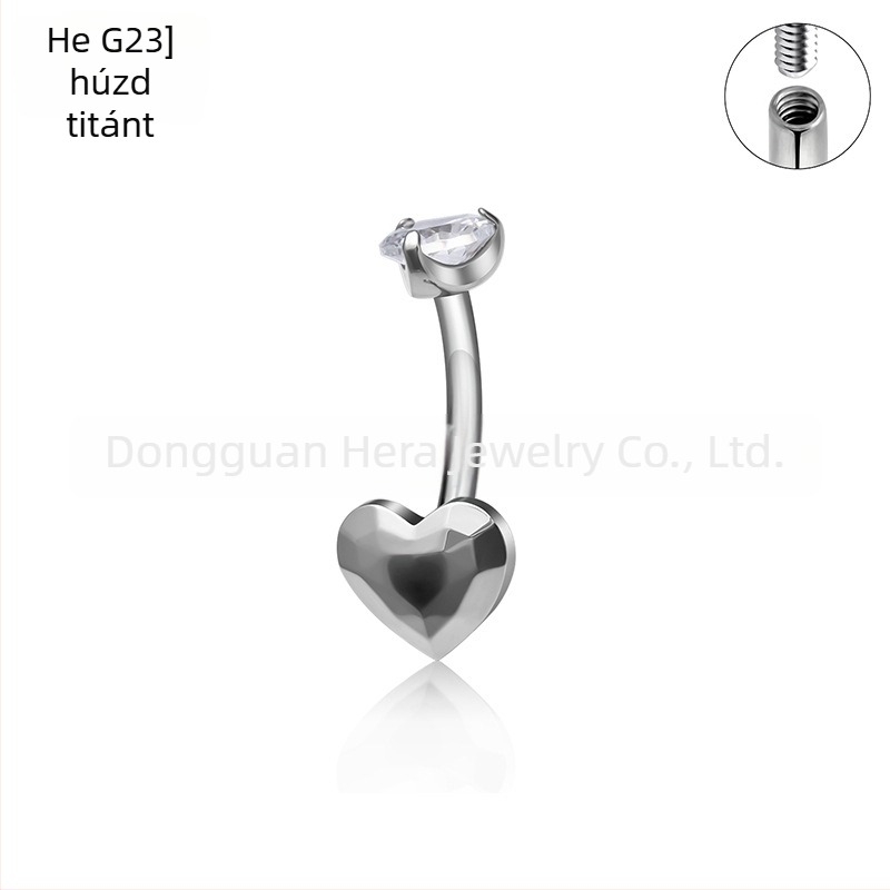 Szív alakú navel piercing titánium ötvözetből, G23 tisztaság, zirkón köves, aranyozott bevésés, uniszex elegáns ékszer