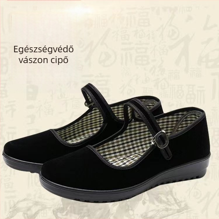 Női vászonmunkacipő csúszásmentes talppal, záródás csattal, alacsony sarok 1–3 cm