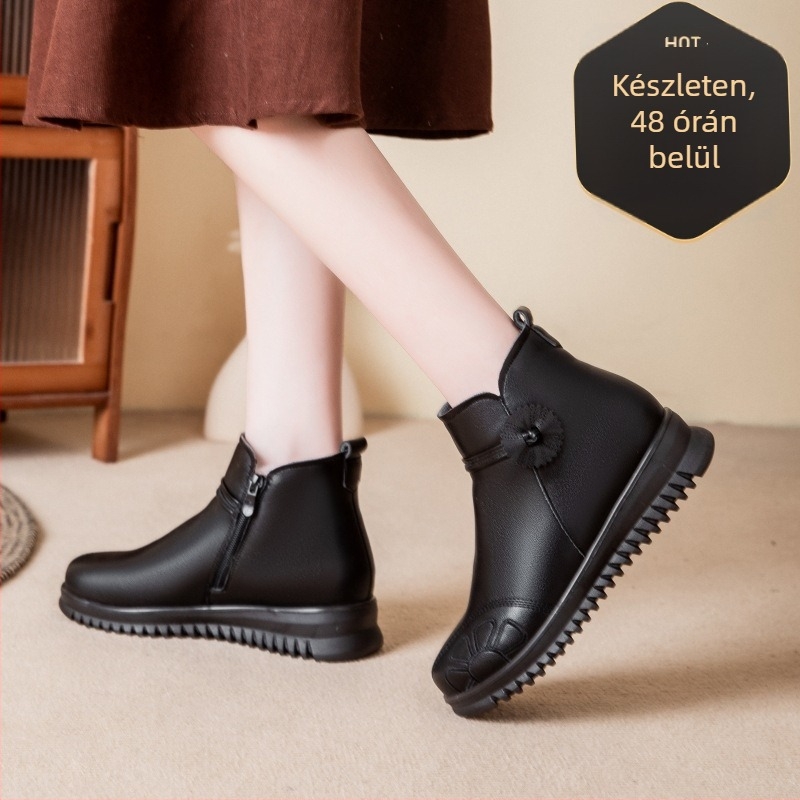Női téli bakancs valódi bőrből, plüss belső, oldalsó cipzár, PU talp, 1–3 cm-es wedge sarok
