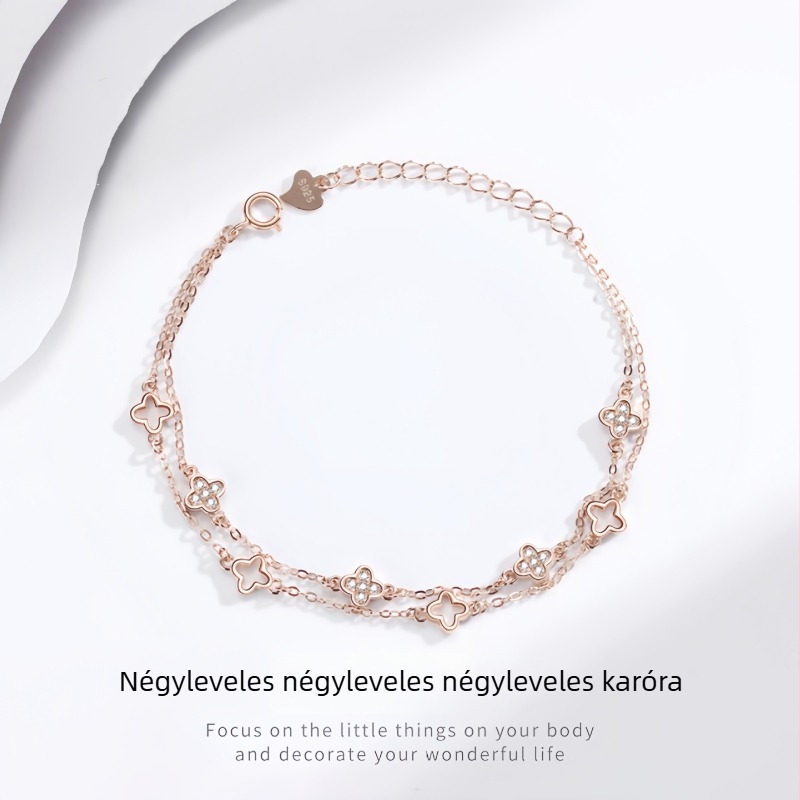 S925 kettős rétegű bokalánc, négylevelű lóhere alakú, kövekkel beépített, erdő ihletésű női láb ékszer