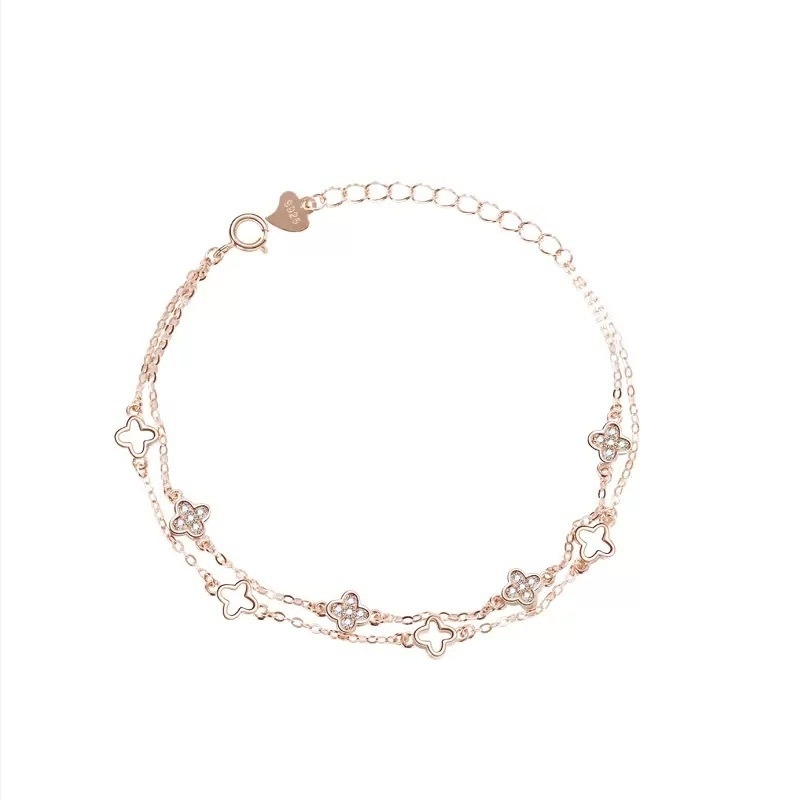 S925 kettős rétegű bokalánc, négylevelű lóhere alakú, kövekkel beépített, erdő ihletésű női láb ékszer