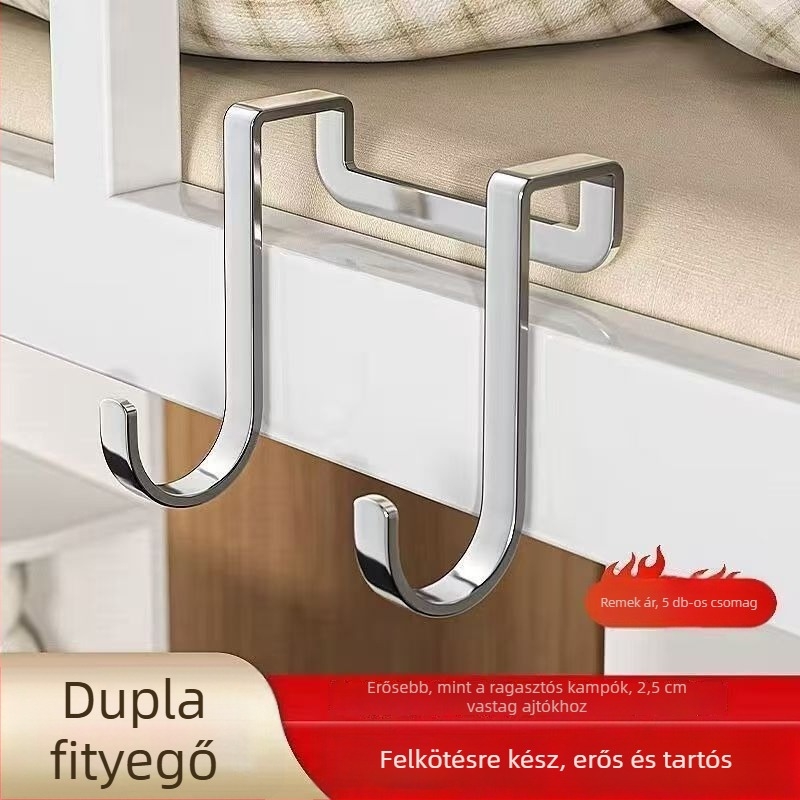 5 darab rozsdamentes acél dupla S alakú akasztó, fúrás nélkül, 3 kg teherbírás, ajtó mögötti tároló