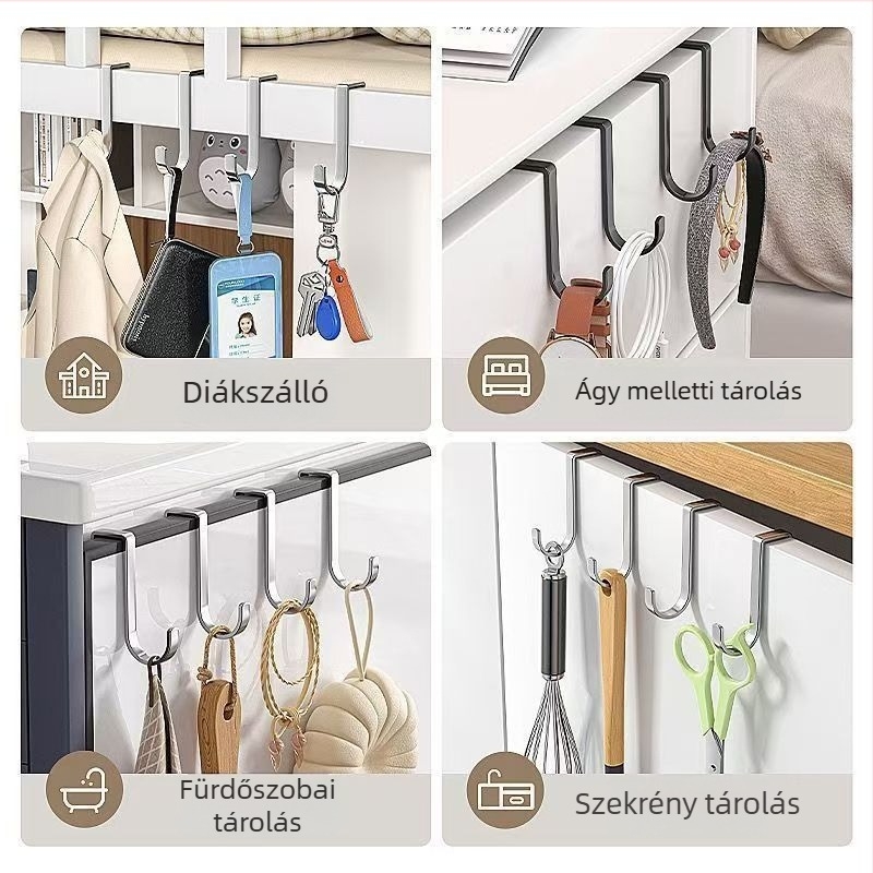 5 darab rozsdamentes acél dupla S alakú akasztó, fúrás nélkül, 3 kg teherbírás, ajtó mögötti tároló