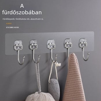 Fúrás nélküli rozsdamentes acél, hatszoros kampó sorozat erős ragasztóval a konyhában, terhelhetőség több mint 30 kg