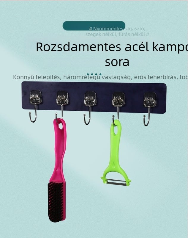 Fúrás nélküli rozsdamentes acél, hatszoros kampó sorozat erős ragasztóval a konyhában, terhelhetőség több mint 30 kg