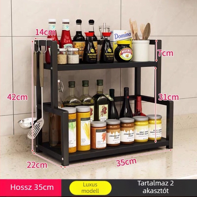 Két szintes konyhai tárolóállvány, falra szerelhető, szénacélból készült