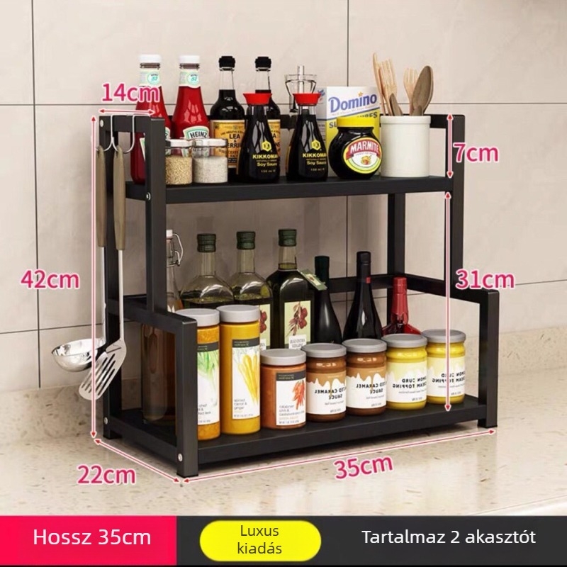 Két szintes konyhai tárolóállvány, falra szerelhető, szénacélból készült