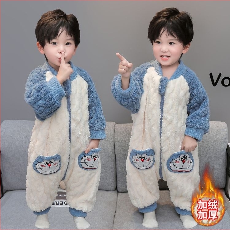 Gyerekeknek egybeöltözős pizsama lábak különálló kialakítással, kettő rétegű vastag korall fleece, fiú, koreai stílus, tél