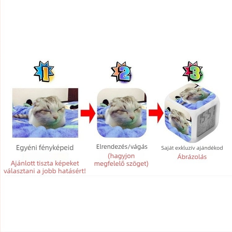Ébresztőóra LED kijelzővel, éjszakai fény, 24 órás kijelzés, testreszabható képekkel