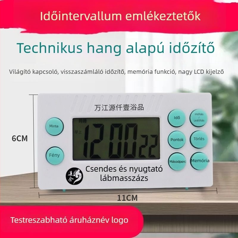 Lábmasszázs visszaszámláló időzítő LCD kijelzővel, riasztással, akkumulátorról működik, műanyag ház