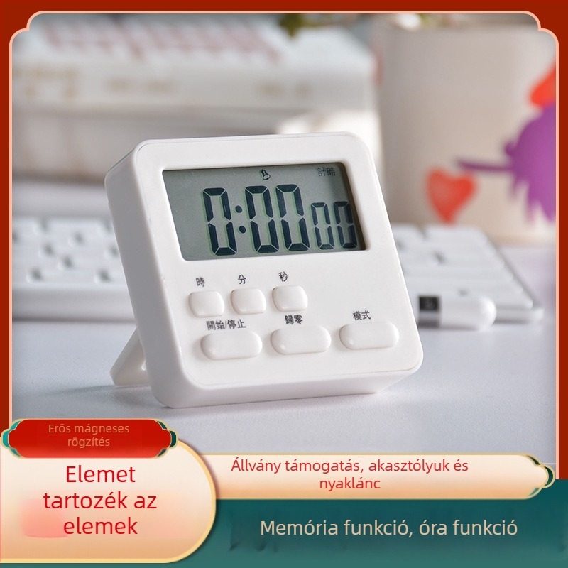 Többfunkciós időzítő ébresztővel fürdőszobába – LCD kijelző, elemes működés, elektronikus mechanizmus, téglalap alakú