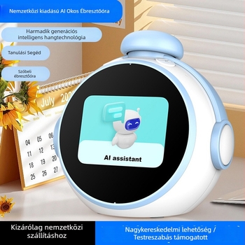AI okos ébresztőóra diákoknak, hangvezérléssel és időgazdálkodással, LCD számkijelző, újratölthető energiaforrás, elektronikus működés